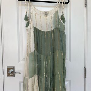 zury. Green and Cream Striped Dress with Tassels